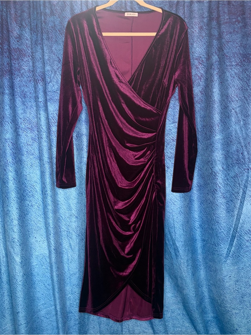 Plum Velvet Draped Wrap Midi Dress